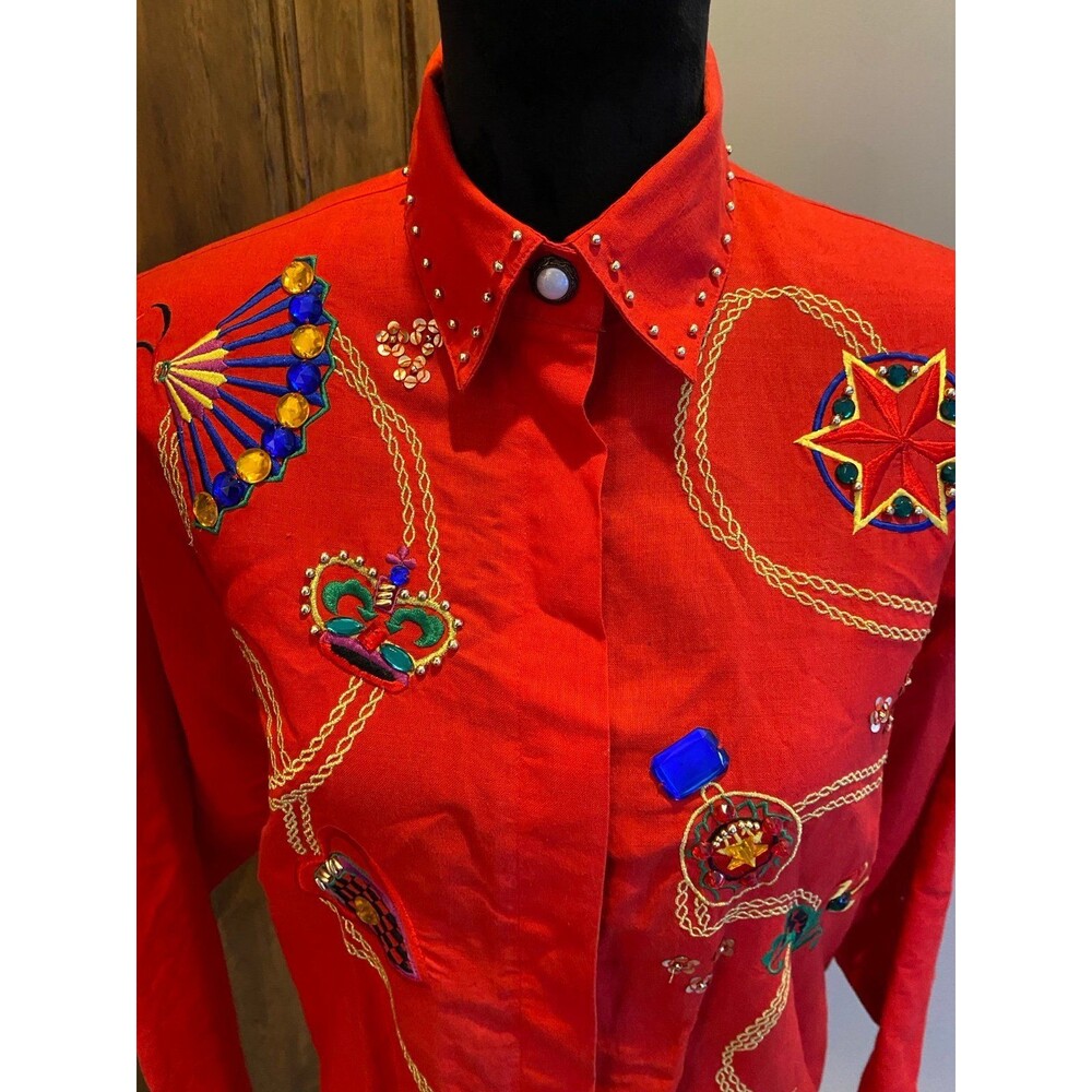 Vintage Harbour Vue Blouse 1980's Gemstone Jeweled‎ Button Up Shirt Size 12 Top